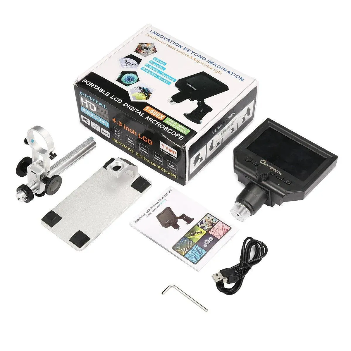 Mustool G600 Digital Metal Stand 1-600X 3.6MP Microscope Magnifier 4.3in HD LCD