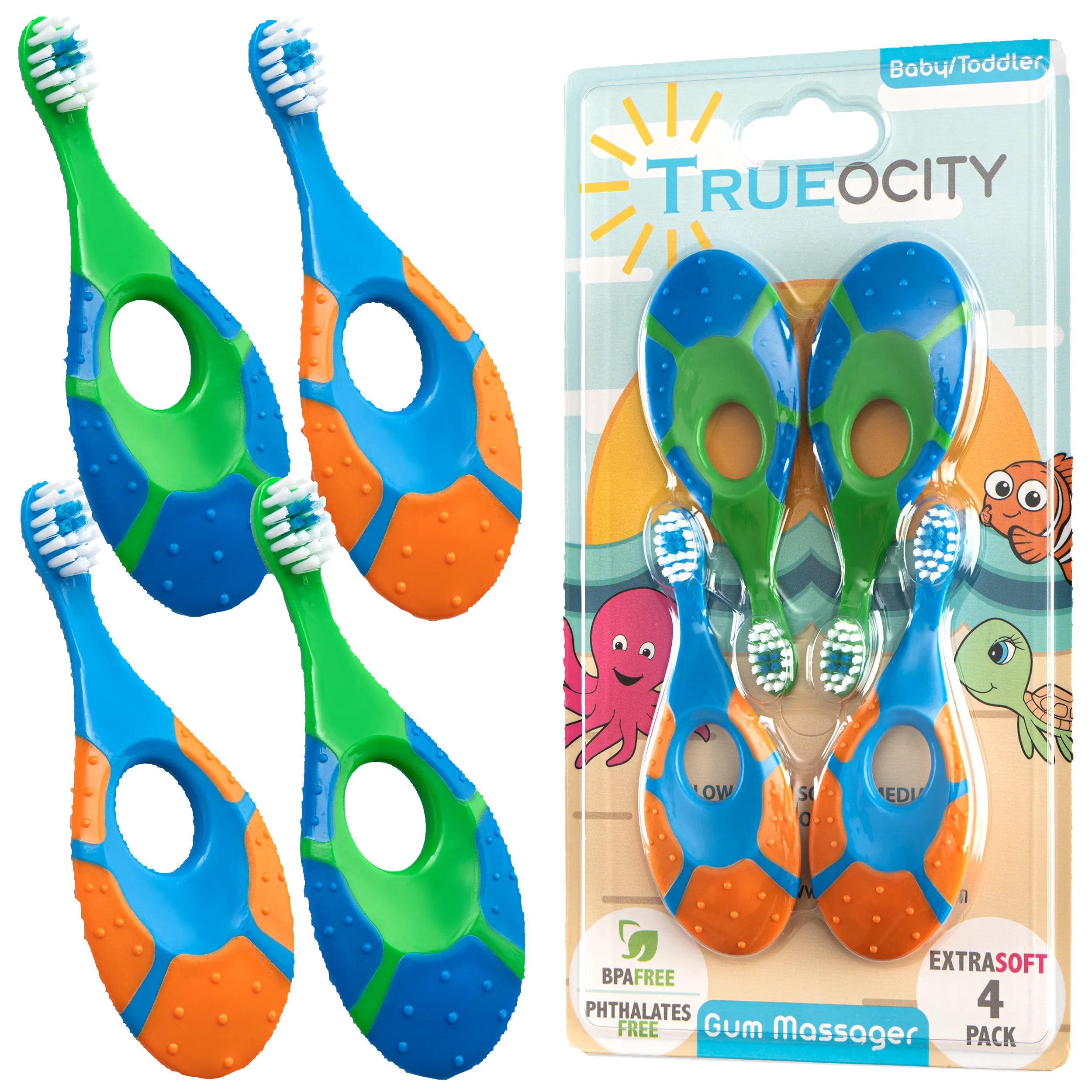 Trueocity Baby Toddler Toothbrush 4 Pack, Soft Bristles, Teething Finger Handle Toothbrushes for 0-2 Years - Training First Set (Blue, Green, Orange) - BPA Free