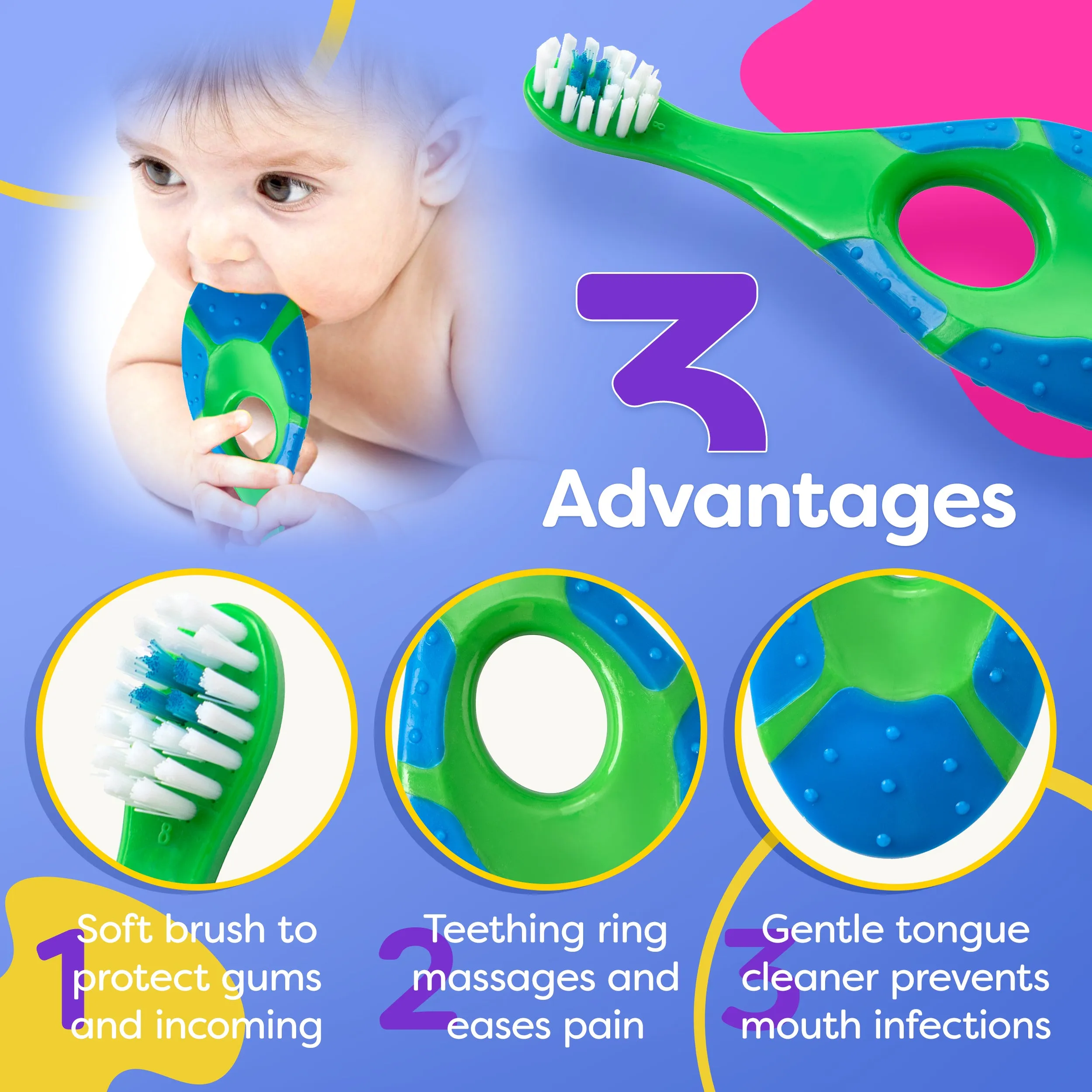 Trueocity Baby Toddler Toothbrush 4 Pack, Soft Bristles, Teething Finger Handle Toothbrushes for 0-2 Years - Training First Set (Blue, Green, Orange) - BPA Free