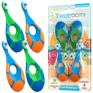 Trueocity Baby Toddler Toothbrush 4 Pack, Soft Bristles, Teething Finger Handle Toothbrushes for 0-2 Years - Training First Set (Blue, Green, Orange) - BPA Free